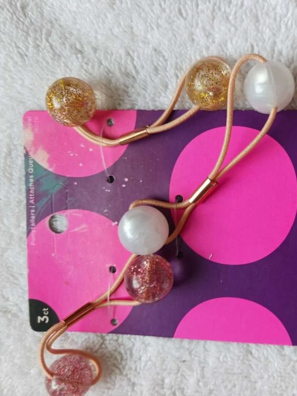 3 Goody Ouchless Twin Bead Ponytailer Elastic Hair Bands Pink Gold Glitter Pearl
